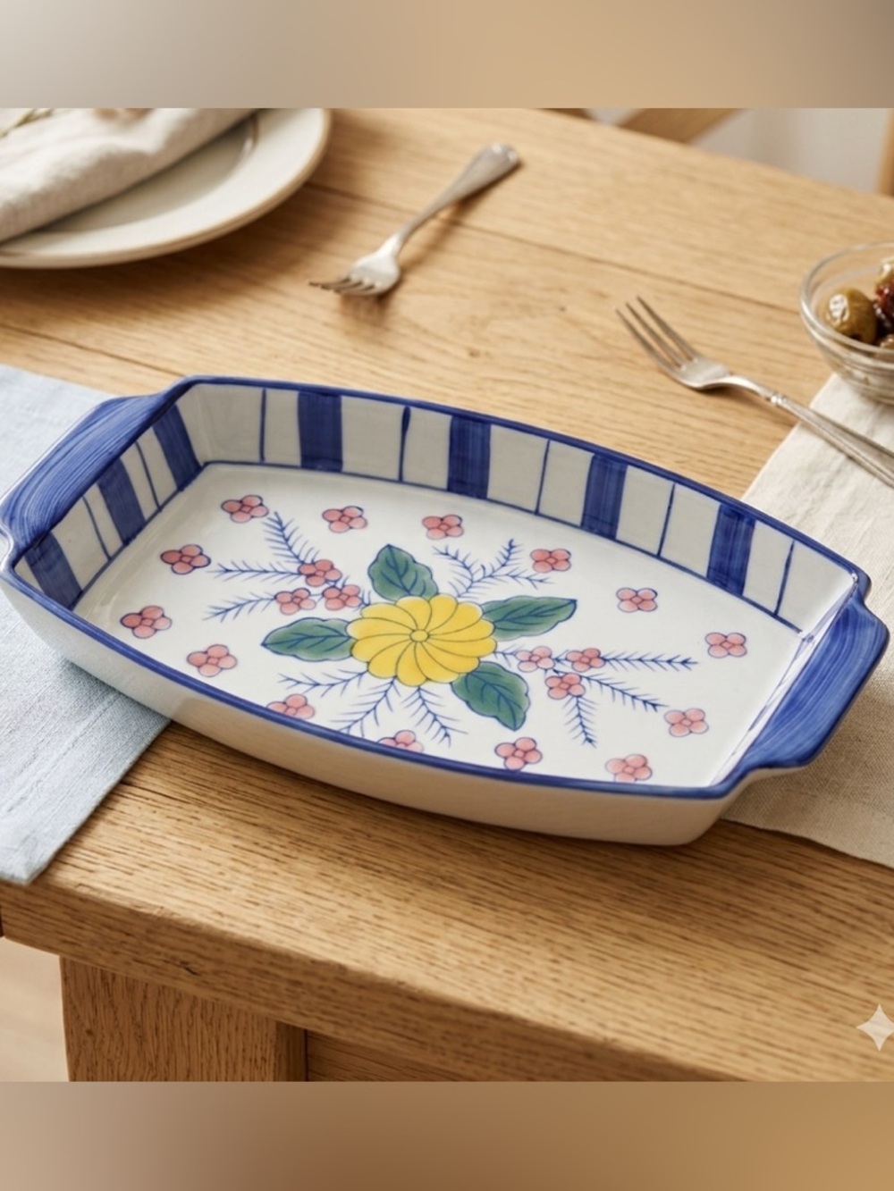 Vintage Stoneware Rectangle Serving Dish White Hand Painted Flowers Blue Stripes